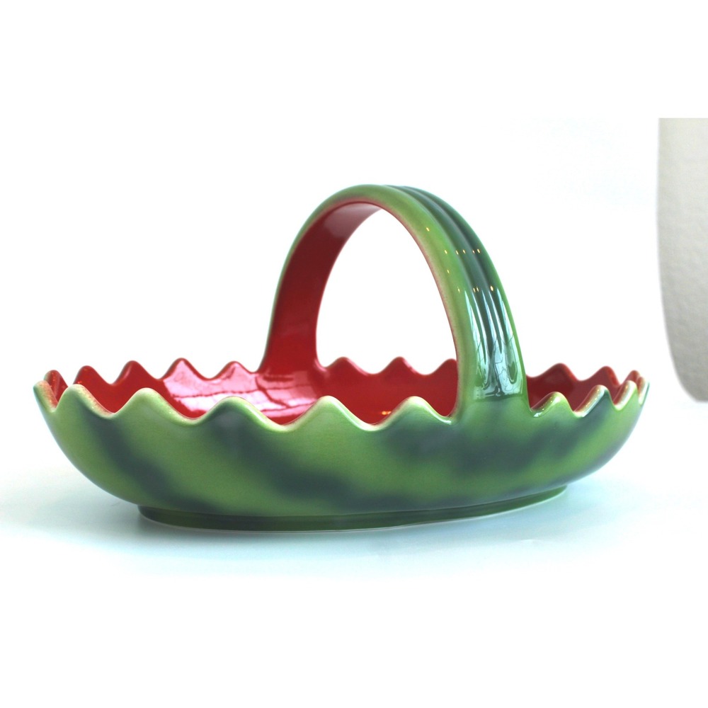 GUMP'S Italy Ceramic Fruit Basket Bowl  Hand Painted Green Red 13.5"
